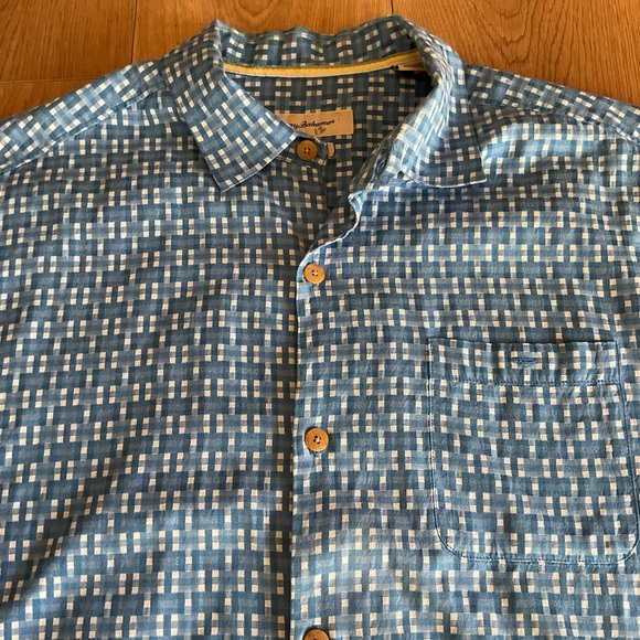 Tommy Bahama Silk Cotton Blue Geometric Camp Shirt L Large Original Fit - Picture 3 of 5
